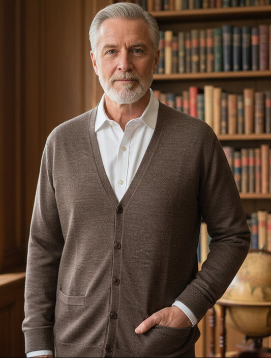 Fields Merino Cardigan 2/pockets Rib Basque - Brown