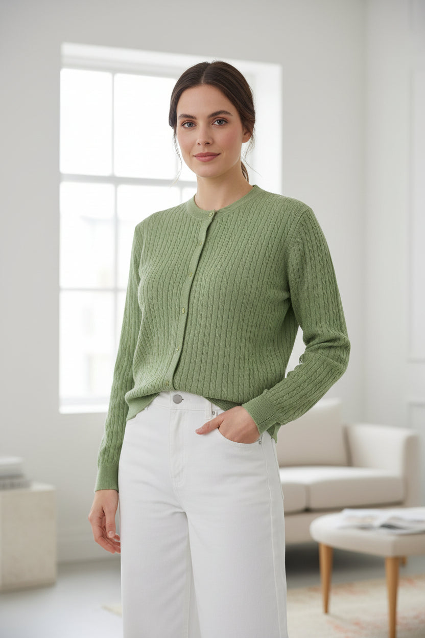 Bella Baby Cable Crew Neck Cardigan - Wasabi