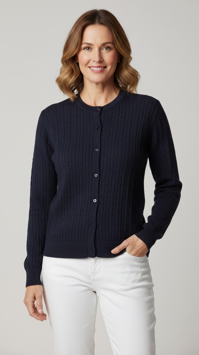 Bella Baby Cable Crew Neck Cardigan - Navy