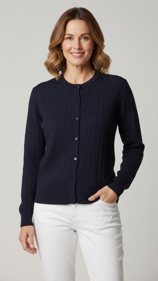 Bella Baby Cable Crew Neck Cardigan - Navy