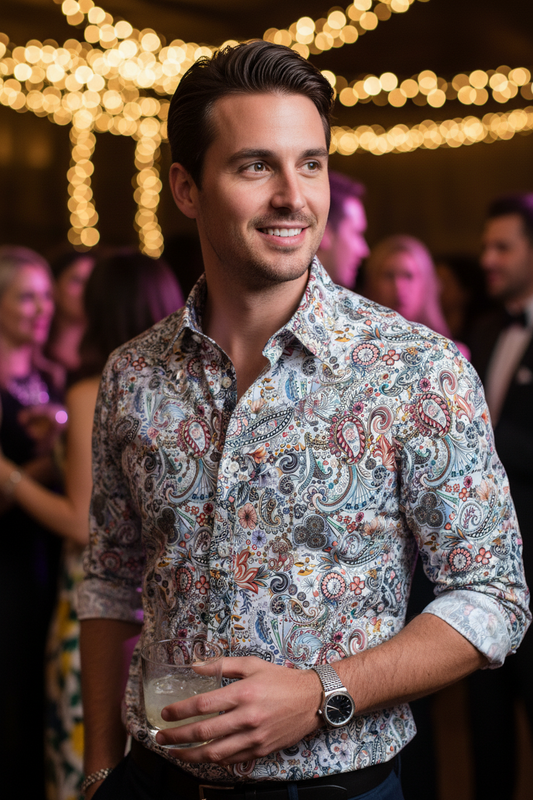 A folded long-sleeve button-up shirt with a dense paisley and floral print, featuring a white base with red, blue, black, and orange motifs. The brand label 'English Laundry' is visible inside the collar, and the shirt is laid flat on a dark wood surface.
