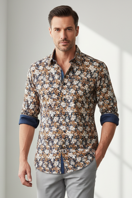 A folded long-sleeve button-up shirt with a dense floral print in brown, beige, and white over a navy blue base, featuring a solid navy collar and a visible 'English Laundry' neck label, laid flat on a wooden surface.