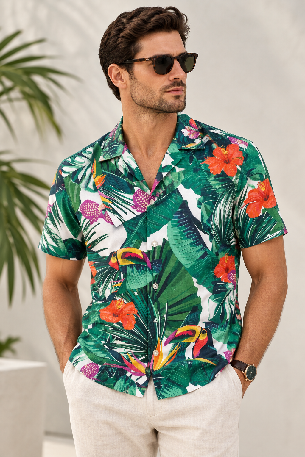A folded short-sleeve button-up shirt by Cambridge featuring a vibrant tropical print with green palm and monstera leaves, orange hibiscus flowers, toucans, and pink birds on a white background, laid flat on a wooden surface.