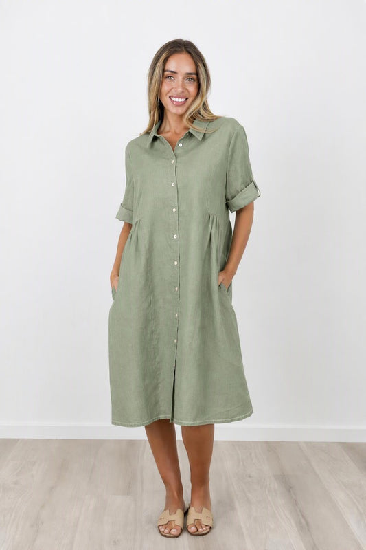 Maglia Bec Linen Button Dress - Aloe