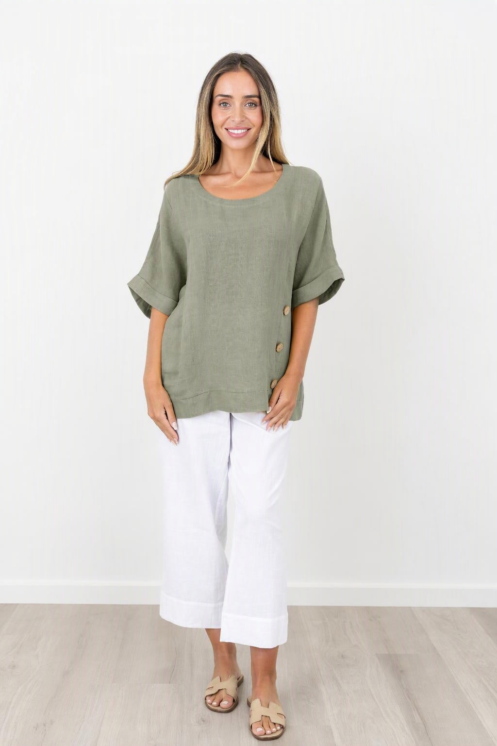Maglia Justine Short Sleeve Linen Top - Thyme