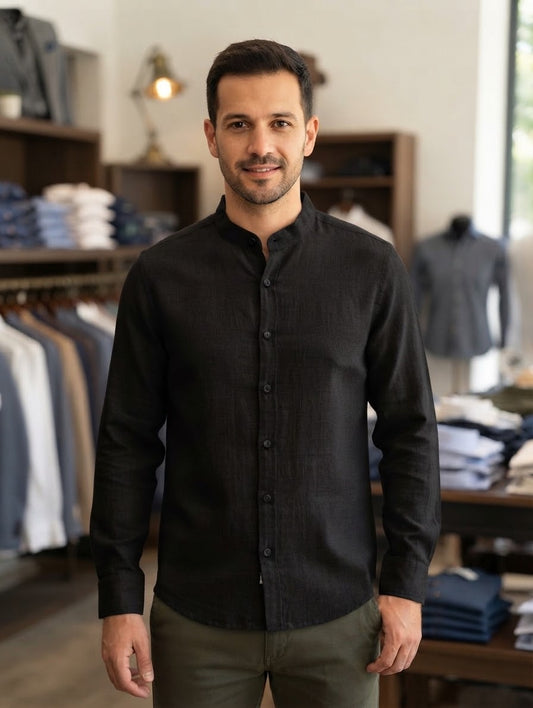 Mechmoto Long Sleeve Linen Chinese Collar Shirt - Black