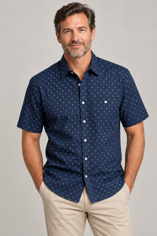 Portobello Road Ironcheater Navy w/LtBlue Stars Short Sleeve Shirt