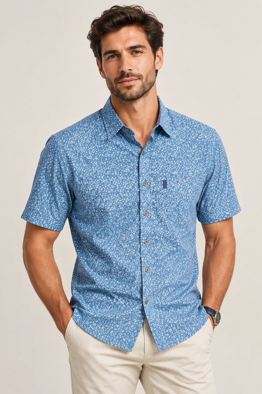 Portobello Road Ironcheater Blue/White Floral Short Sleeve Shirt