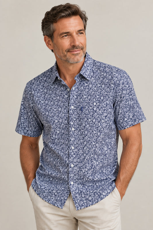 Portobello Road Ironcheater Navy/White Floral Short Sleeve Shirt