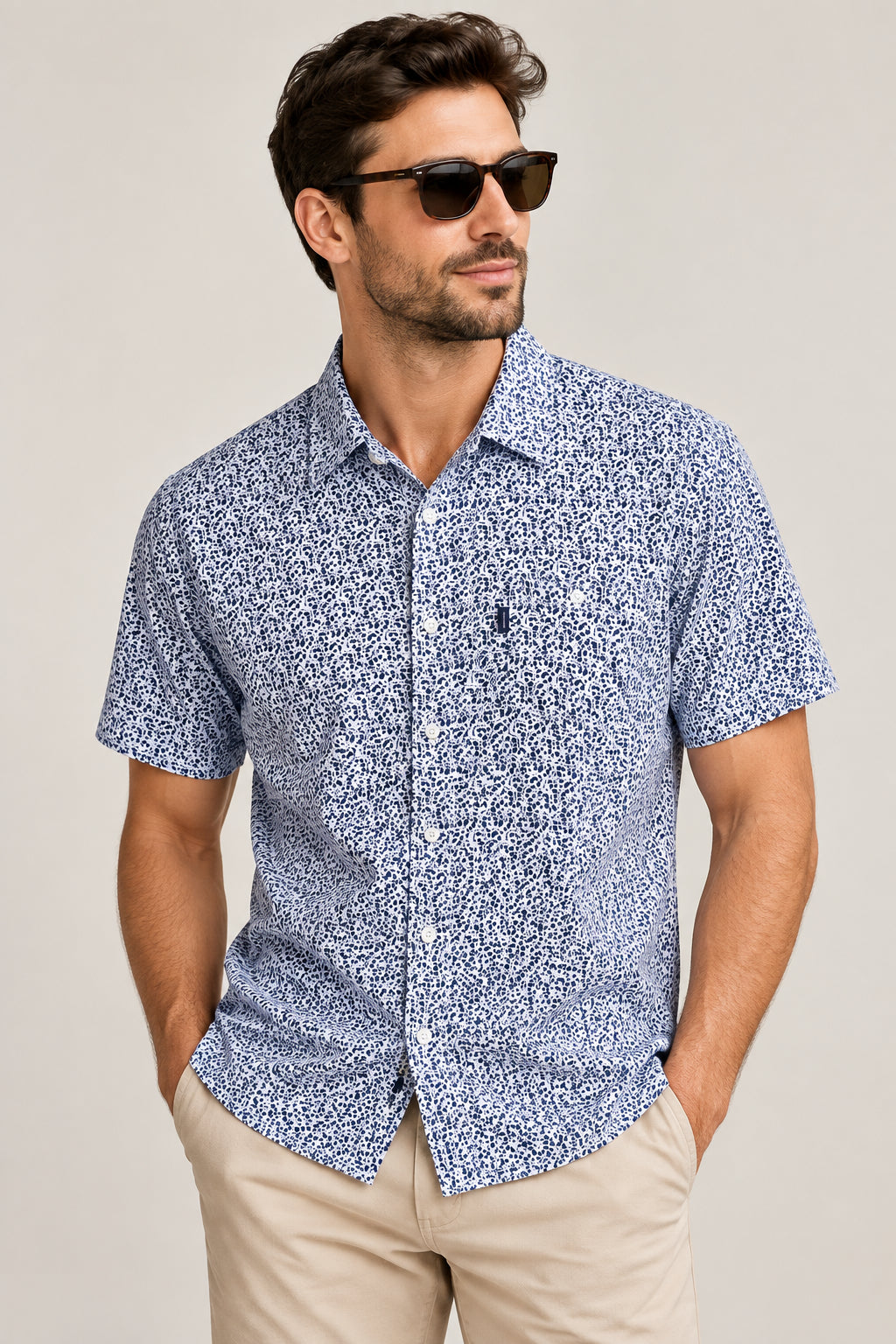 Portobello Road Ironcheater Blue/White Leaf Short Sleeve Shirt