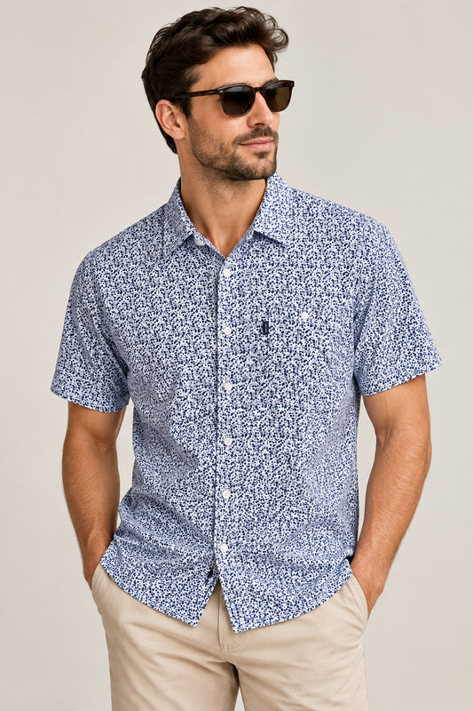 Portobello Road Ironcheater Blue/White Leaf Short Sleeve Shirt