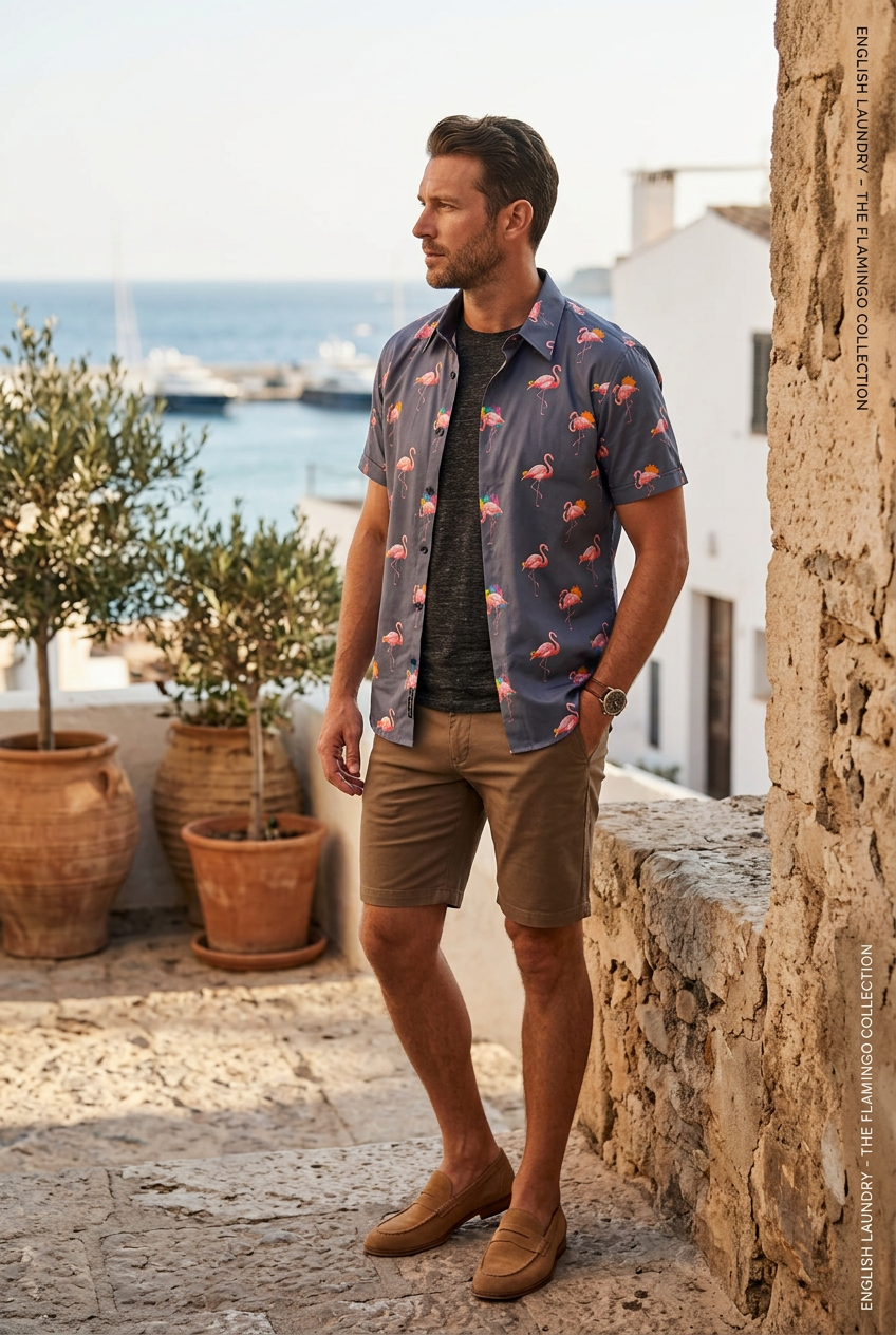 English Laundry Flamingos Print Short Sleeve Shirt