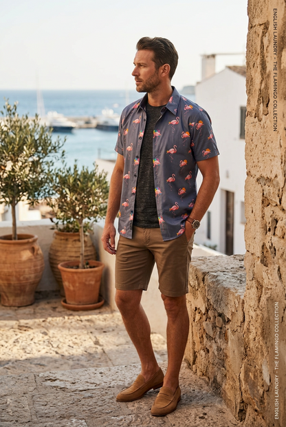 English Laundry Flamingos Print Short Sleeve Shirt