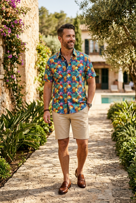 English Laundry Tropical Fruit Print Short Sleeve Shirt
