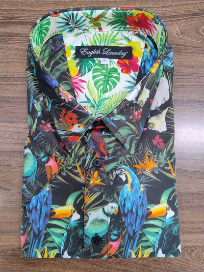 English Laundry Multi Parrots Print Short Sleeve Shirt