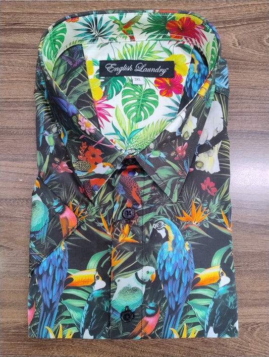 English Laundry Multi Parrots Print Short Sleeve Shirt