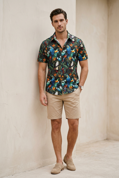 English Laundry Multi Parrots Print Short Sleeve Shirt