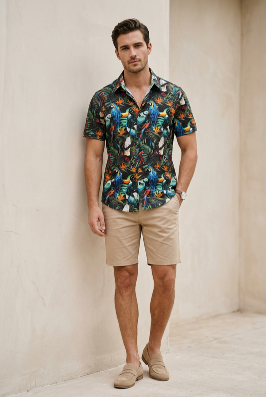 English Laundry Multi Parrots Print Short Sleeve Shirt