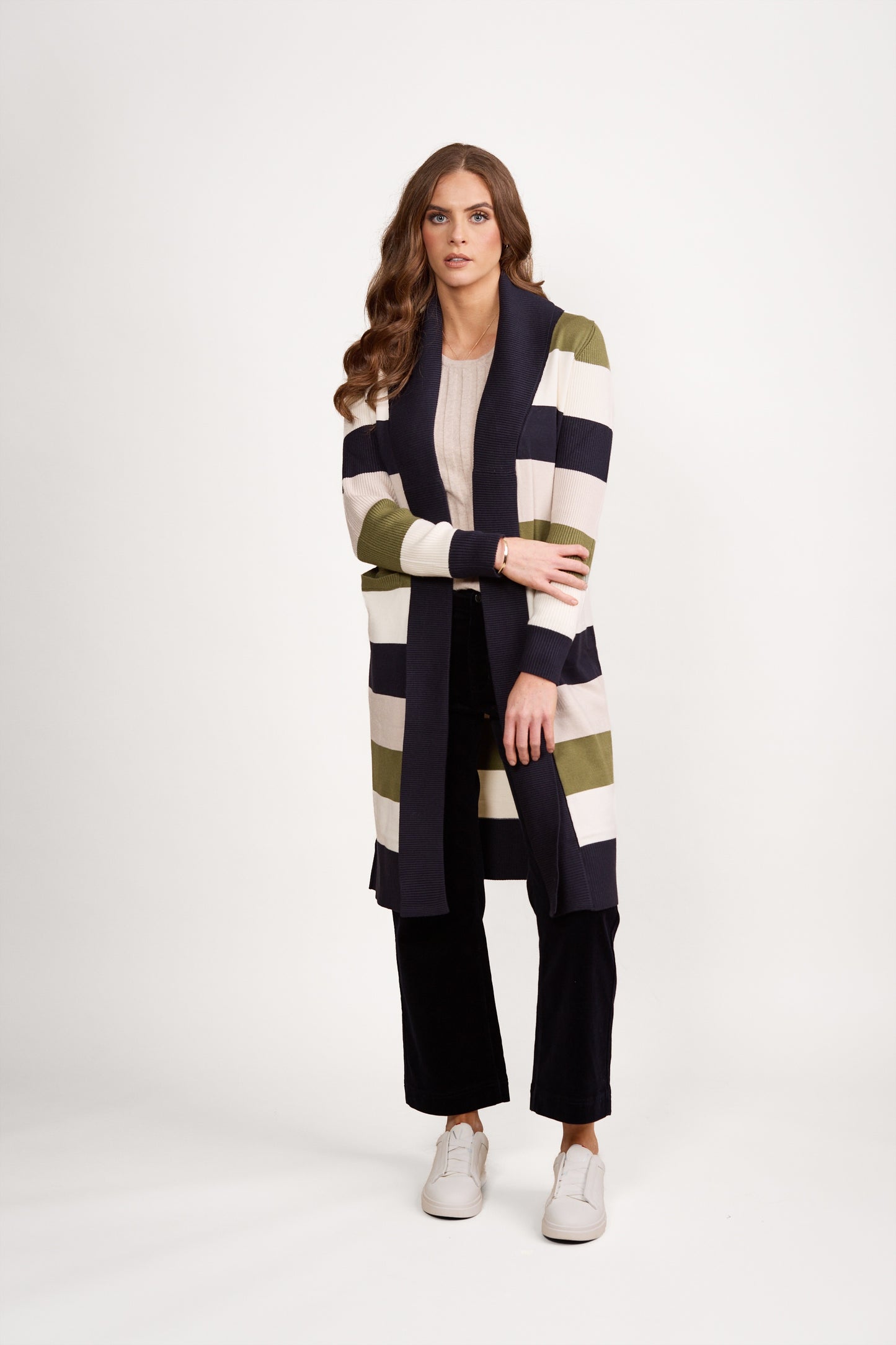 Vassalli Open Longline Cardi Pockets - Sage Stripe