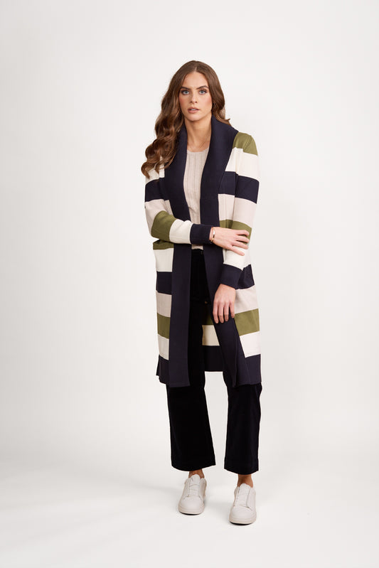 Vassalli Open Longline Cardi Pockets - Sage Stripe