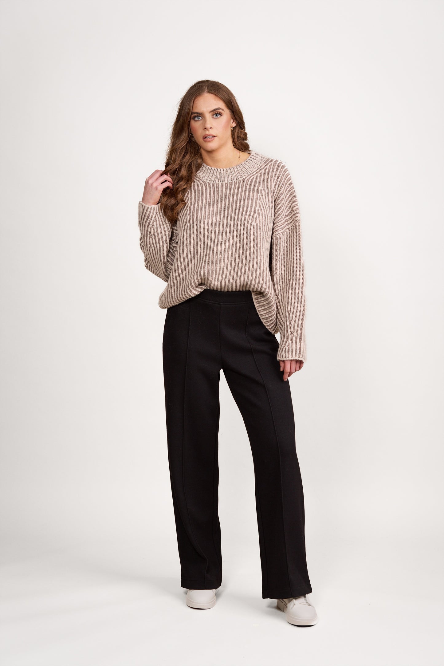 Vassalli High Neck Two Tone Sweater Oatmeal/Brown