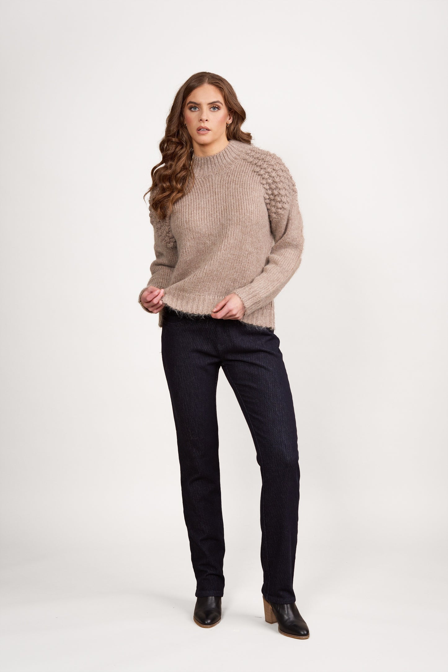 Vassalli Bobble Detail Sweater with High Neck - Twig