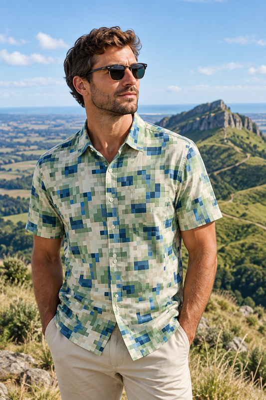 A folded Mechmoto Flyaway long-sleeve button-up shirt with a green, blue, and beige pixelated digital camouflage pattern, shown on a clean white background with its branded hangtag.