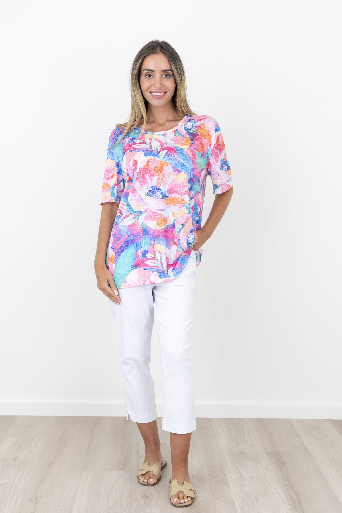 Renoma Milano Burnout Short Sleeve Top - Pink Multi