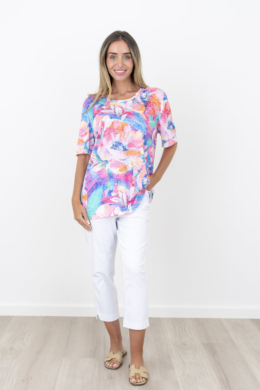 Renoma Milano Burnout Short Sleeve Top - Pink Multi
