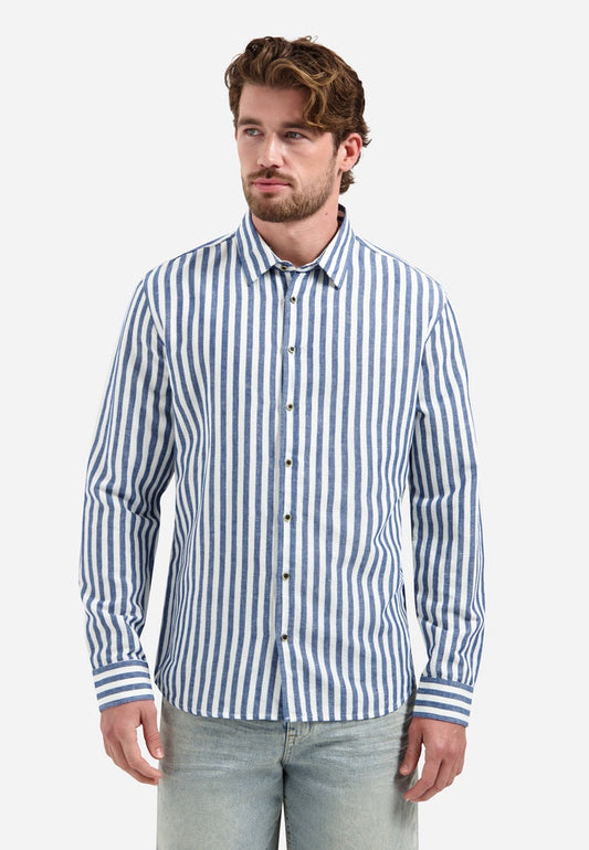 No Excess Linen-blend shirt with wide stripes - Indigo Blue