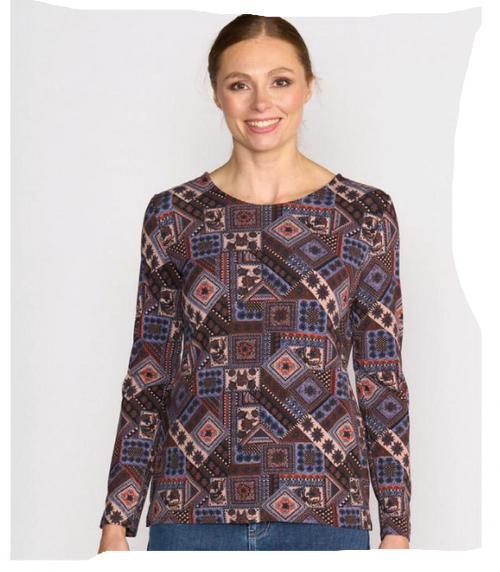 Vassalli Long Sleeve Round Neck Printed Knit Top - Rue