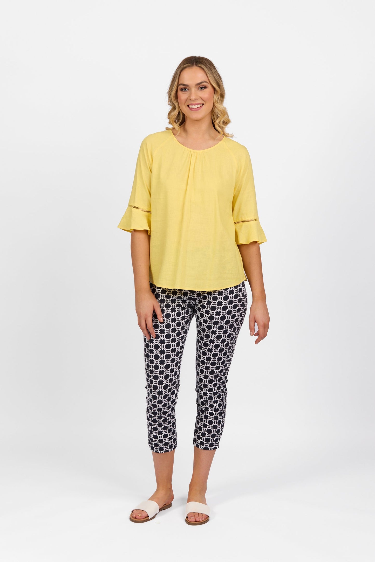 Vassalli Round Neck Top With Elbow Length Frill Sleeve Lemon