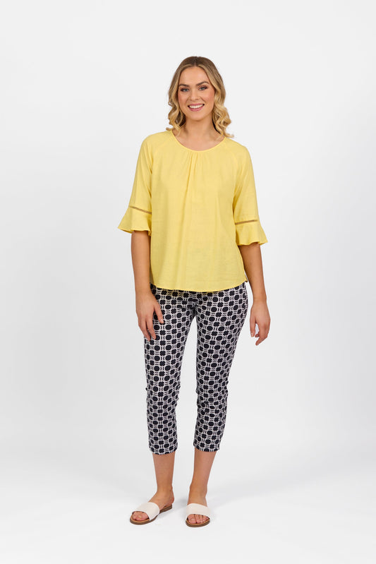 Vassalli Round Neck Top With Elbow Length Frill Sleeve Lemon