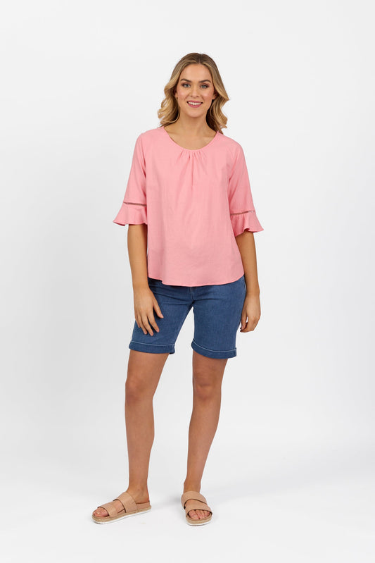 Vassalli Round Neck Top With Elbow Length Frill Sleeve Pink