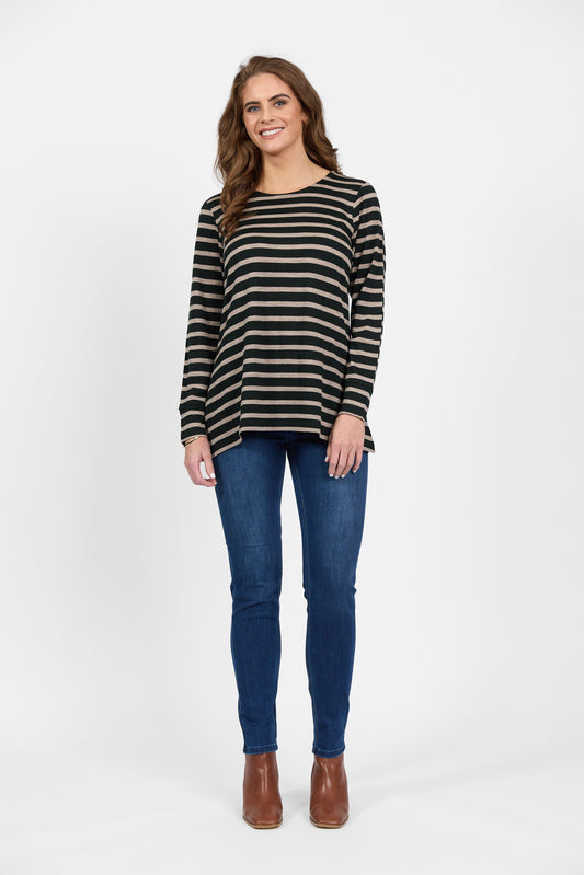 Vassalli 100% Merino Long Sleeve Top - Forest/Twig Stripe