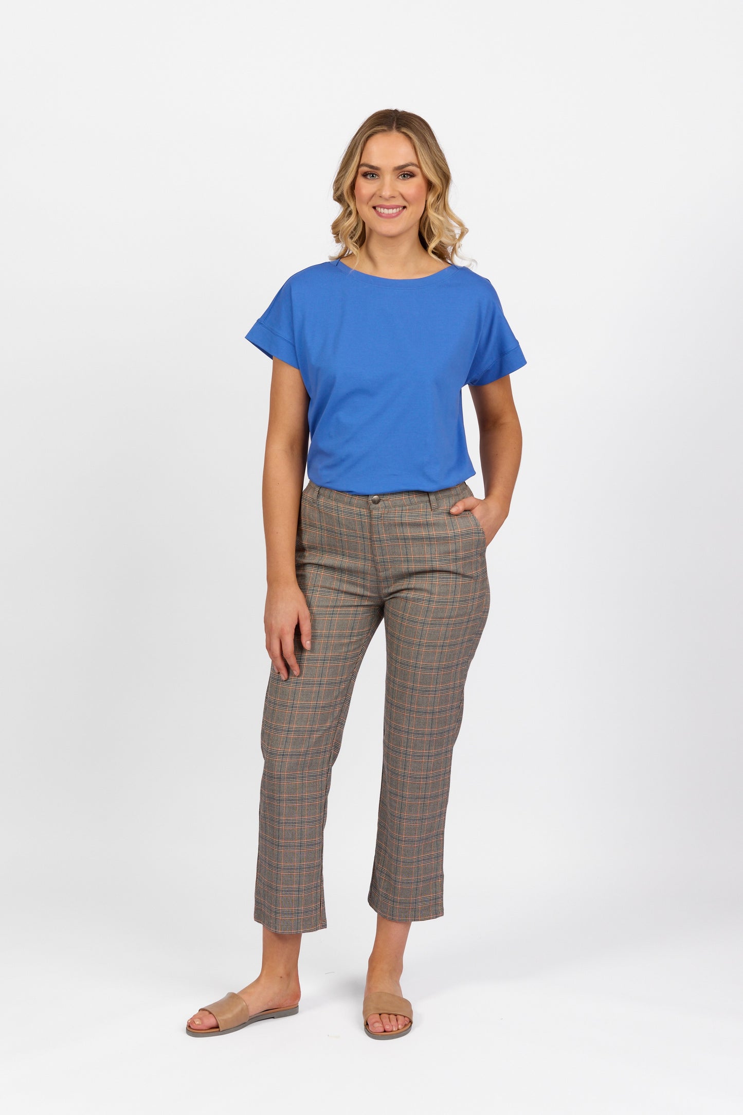 Vassalli Tangerine Check Slim Leg 7/8 Pant with Fly