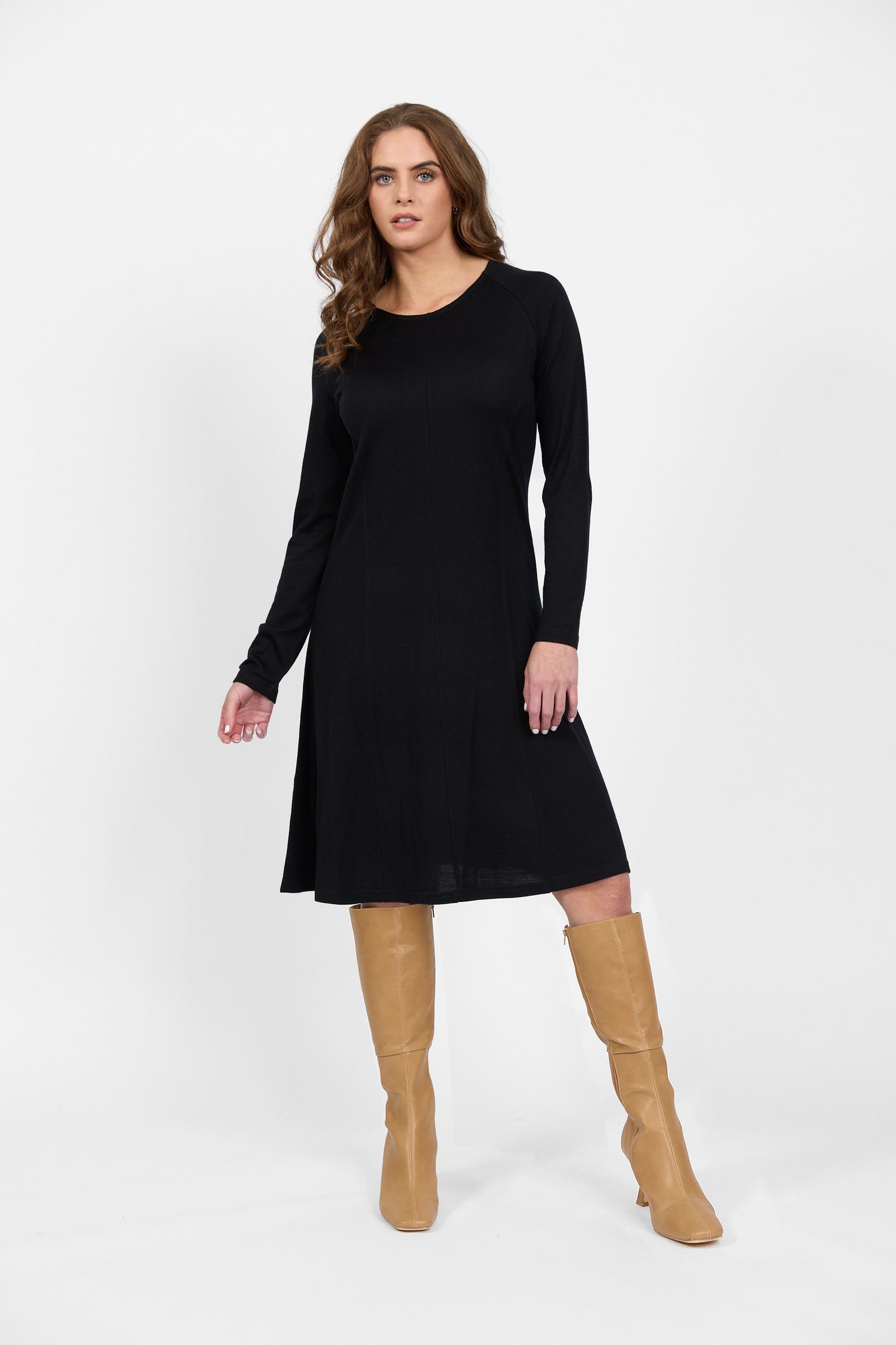 Vassalli 100% Merino Long Sleeve Swing Dress - Black