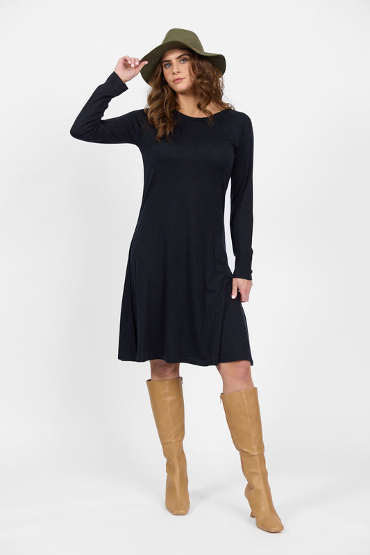 Vassalli 100% Merino Long Sleeve Swing Dress - Midnight