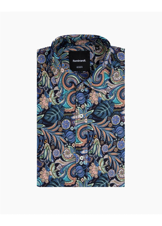 Rembrandt Sinatra Navy Tropical Paisley Print Long Sleeve Shirt