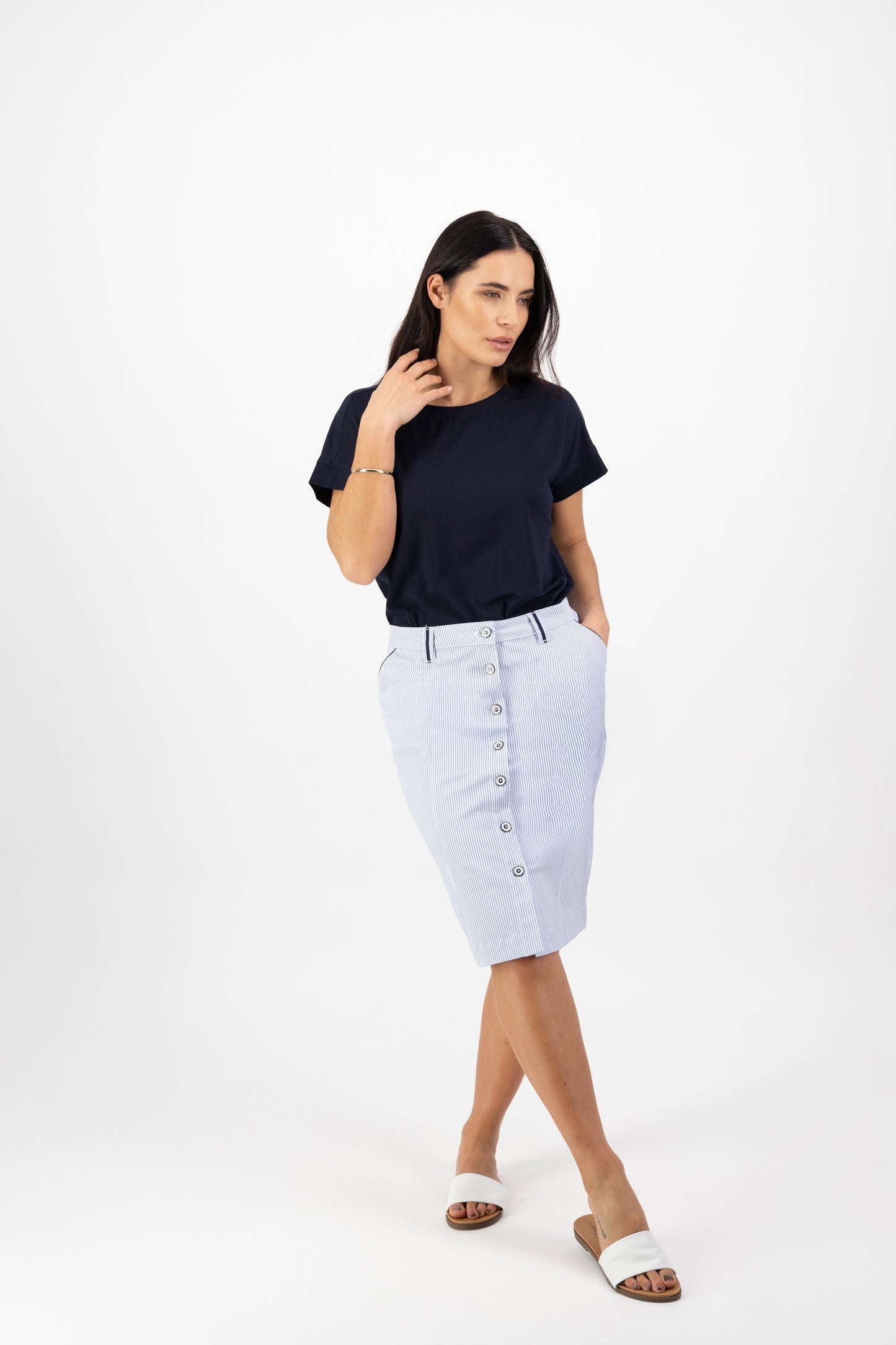 Vassalli Knee Length Skirt With Contrast Buttons And Trim Blue Stripe