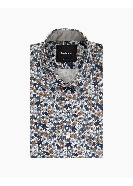 Rembrandt Barbican Teal Blue & Brown Floral Long Sleeve Shirt