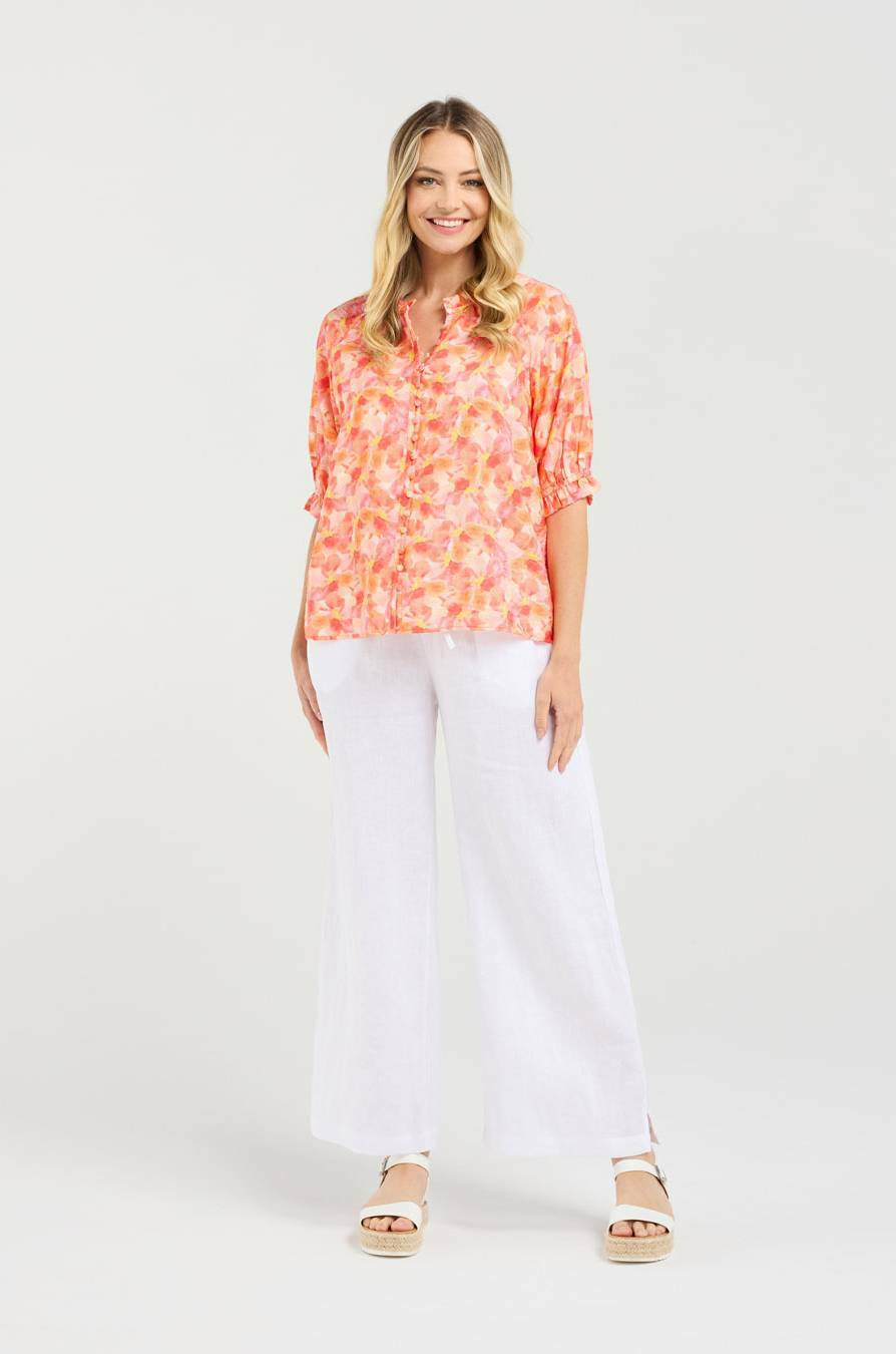 Blackstone Annabelle Button Front Frill S/Sleeve Top-Sunset Petals