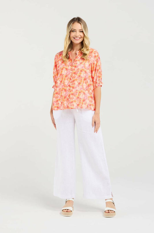 Blackstone Annabelle Button Front Frill S/Sleeve Top-Sunset Petals