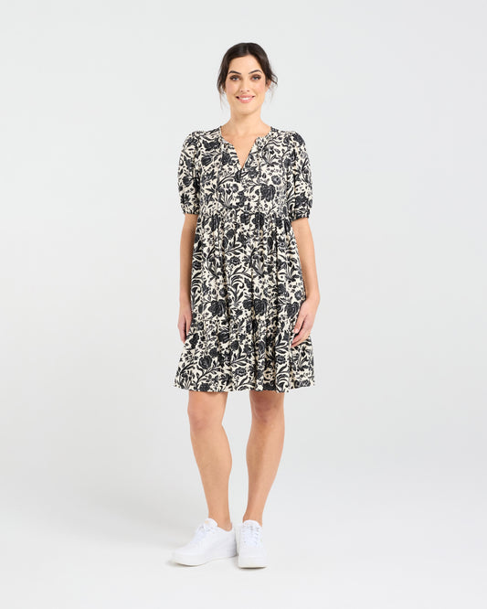 Blackstone Aubrey Tie Neck S/Sleeve Dress-Vintage Rose Pink
