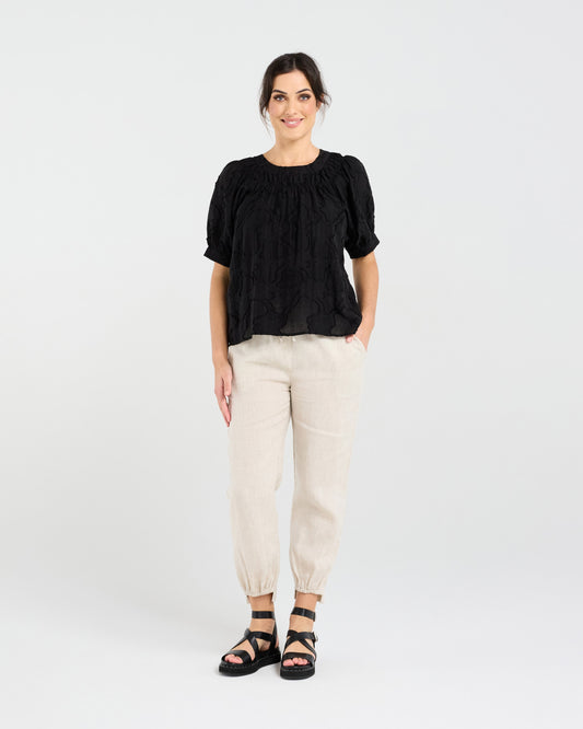 Blackstone Gathered Yoke  S/Sleeve Top-Black Jacquard
