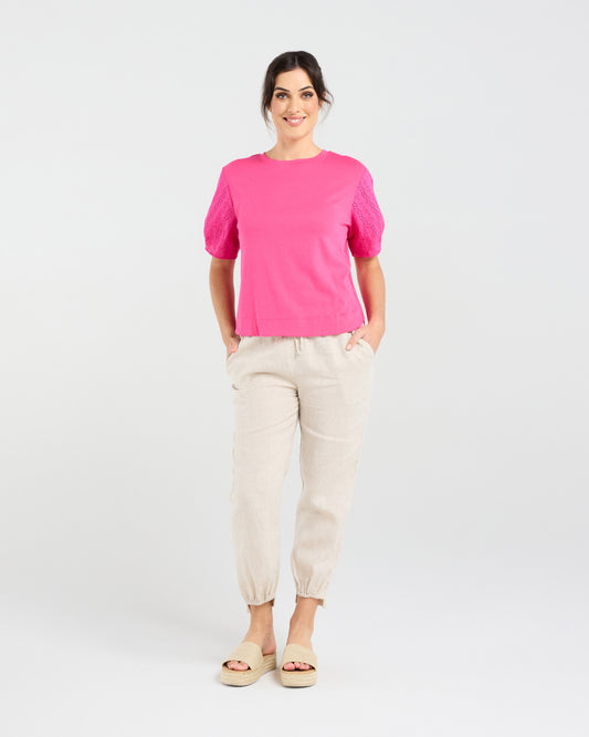 Blackstone Ariane Broderie Sleeve Tee-Raspberry Sorbet