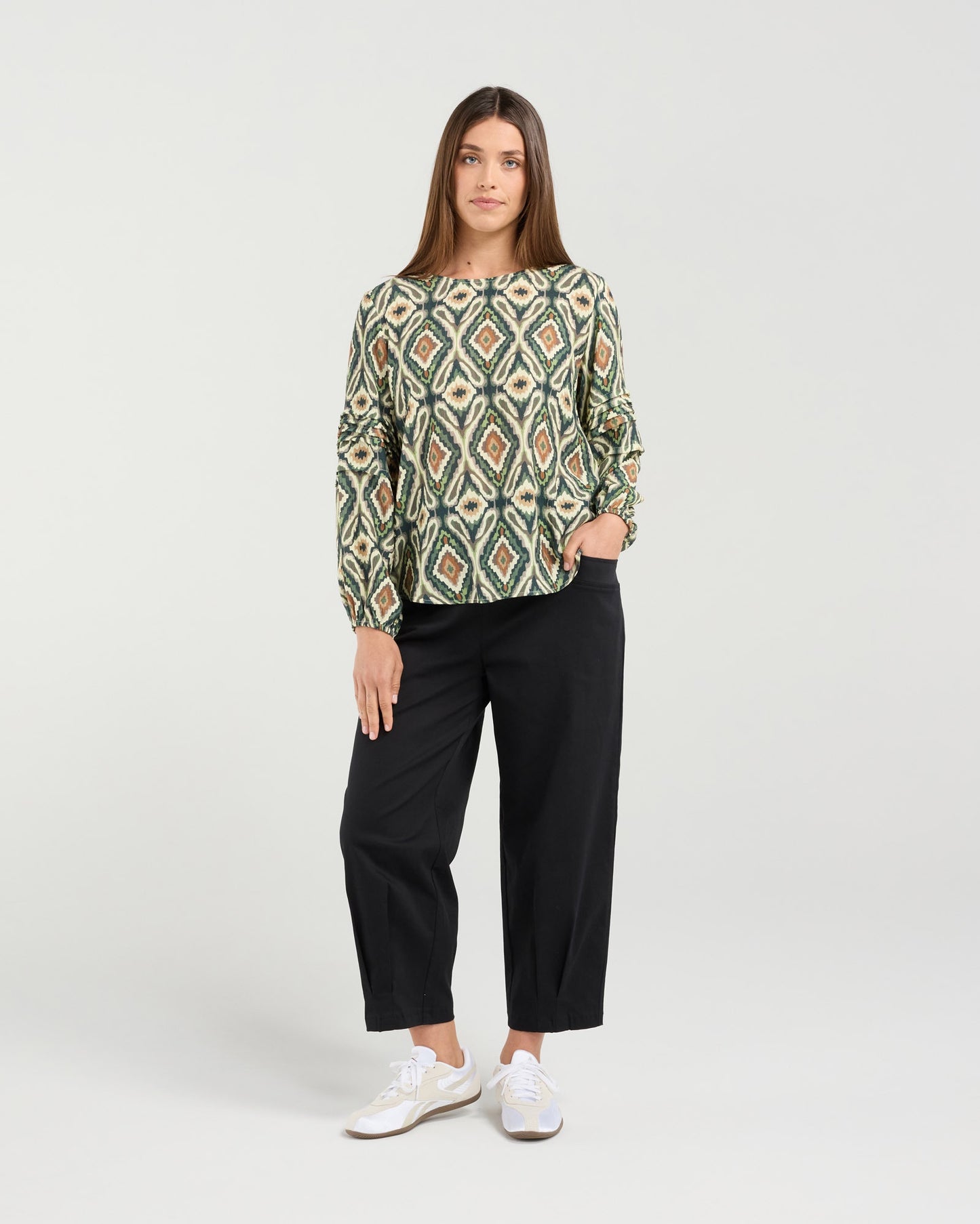 Blackstone Skylar Pintuck Sleeve Top - Eden Green Aztec