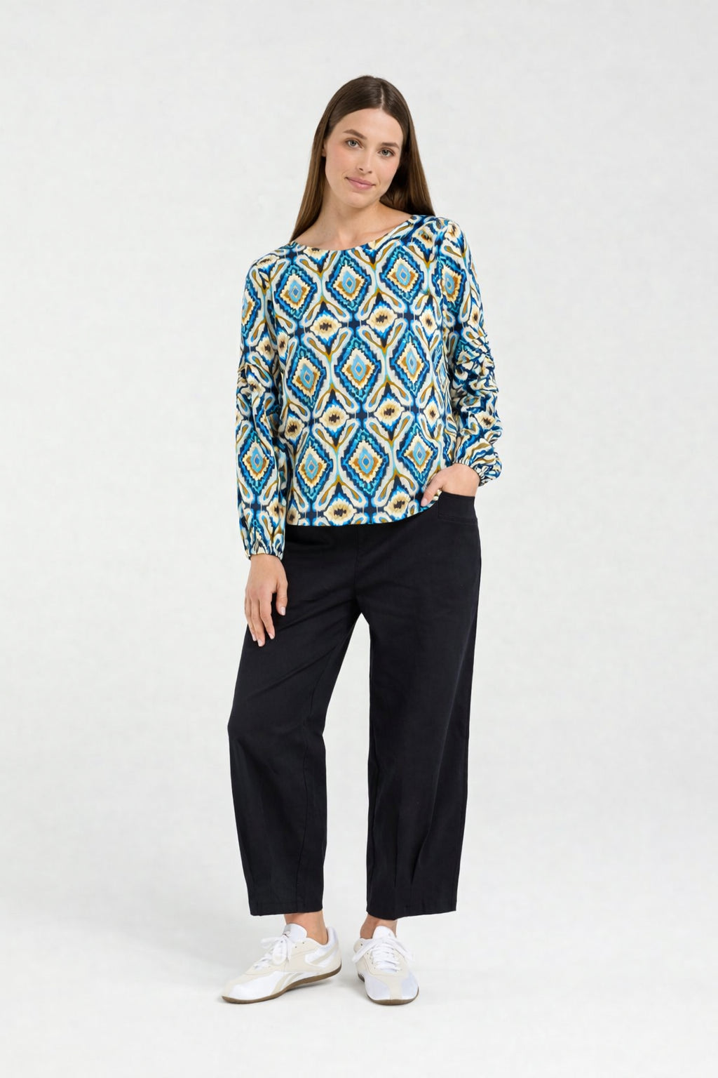 Blackstone Skylar Pintuck Sleeve Top - Regatta Blue Aztec
