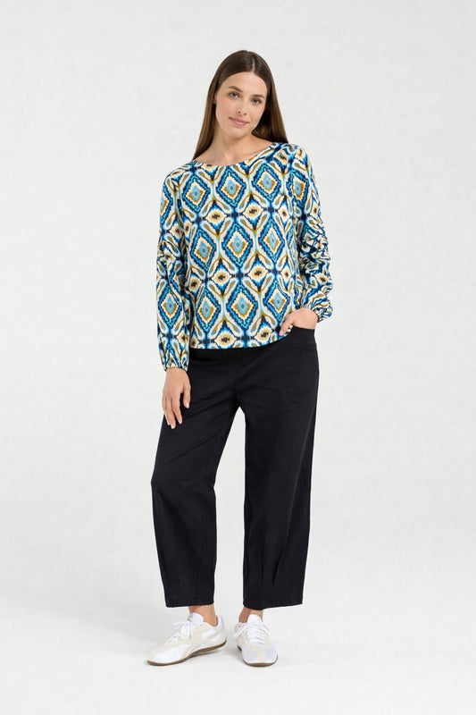 Blackstone Skylar Pintuck Sleeve Top - Regatta Blue Aztec