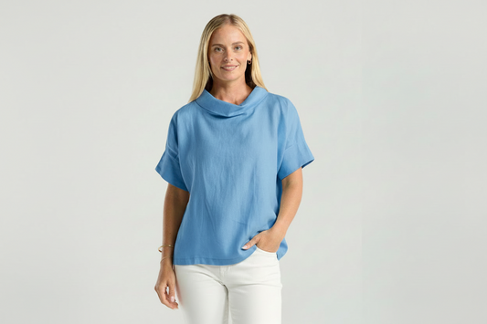 Blackstone Claire Roll Neck Linen Top - Skyway Blue